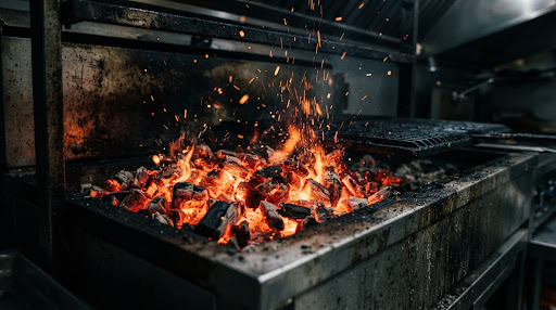 Parrilla de carbón encendida en la cocina de Brasa y Barrio